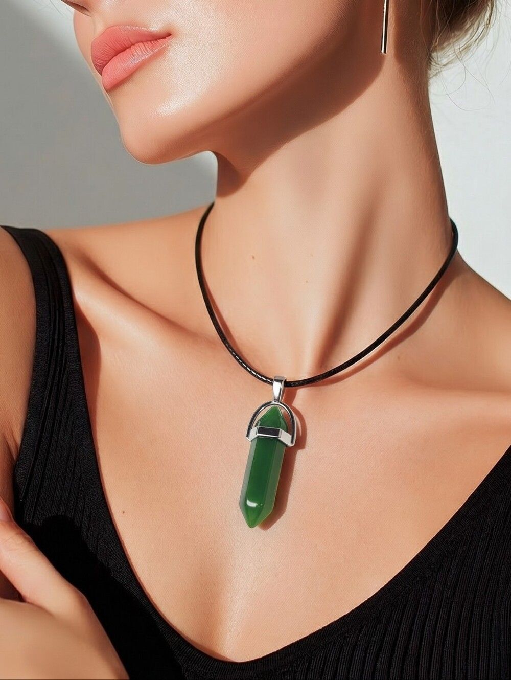 Green Aventurine Hex Crystal Point Pendant Necklace Double Terminated Gemstone